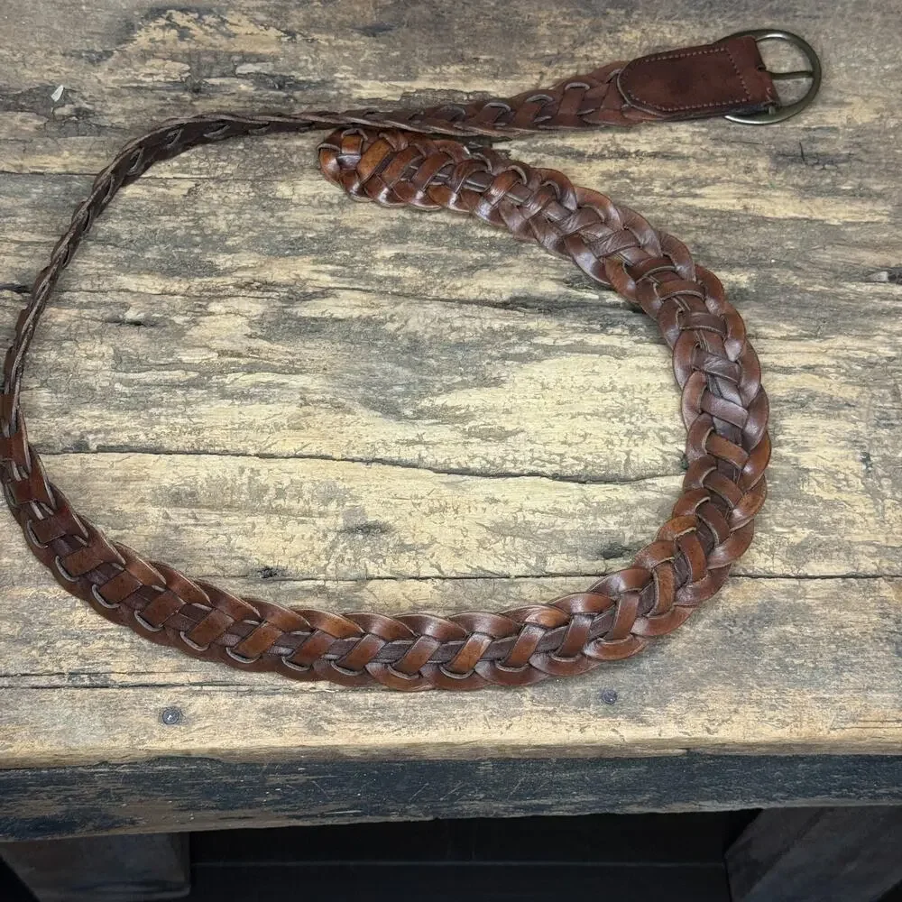 Gap Y2K Wide Braided Leather Belt Brown 3 Inch 46 Inch Adjustable No Holes